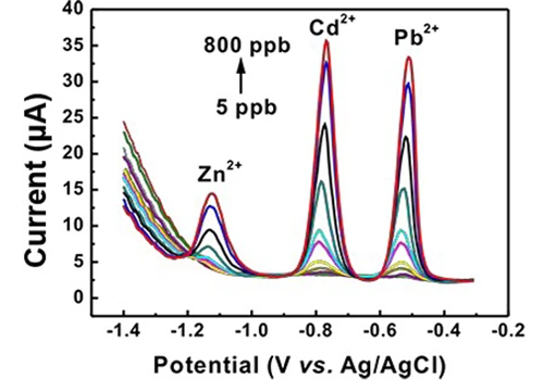Stripping voltametric curves in solution of different Pb2+, Cd 2+,Zn2+ concentration