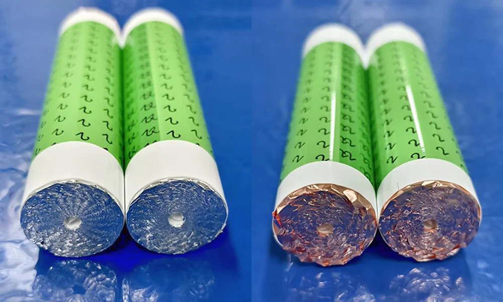 Flattened positive electrode end faces on the left and negative electrode end faces on the right