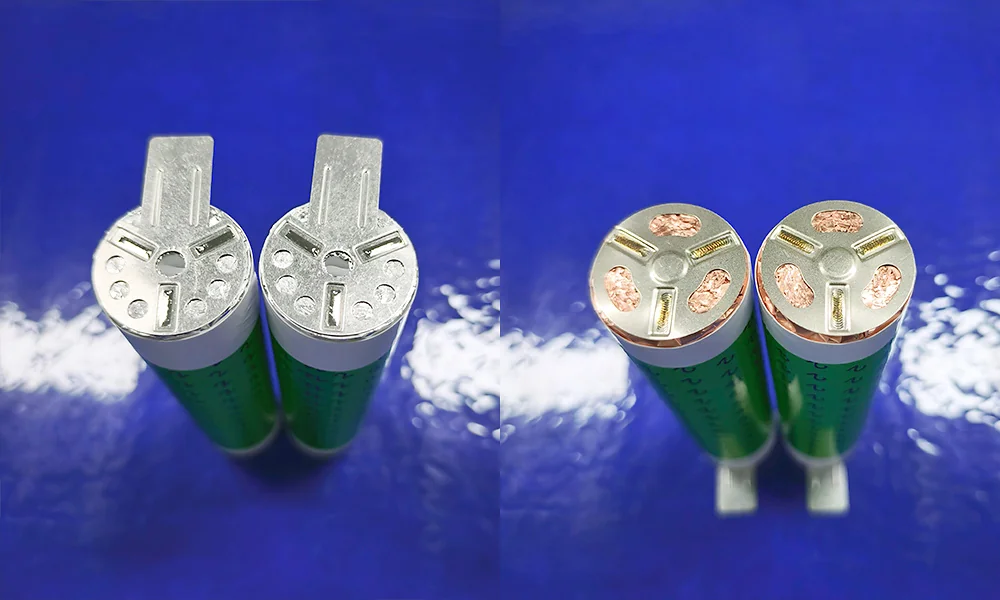 Positive collector-disc welds on the left and negative collector-disc welds on the right